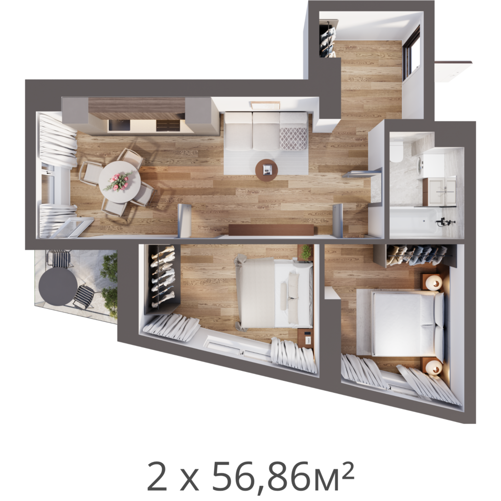 2 комнатная квартира - 56,86 м²