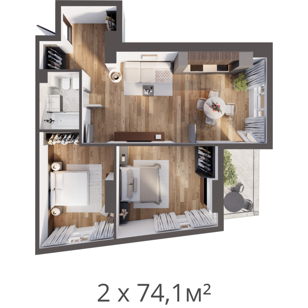 2 комнатная квартира - 74,1 м²