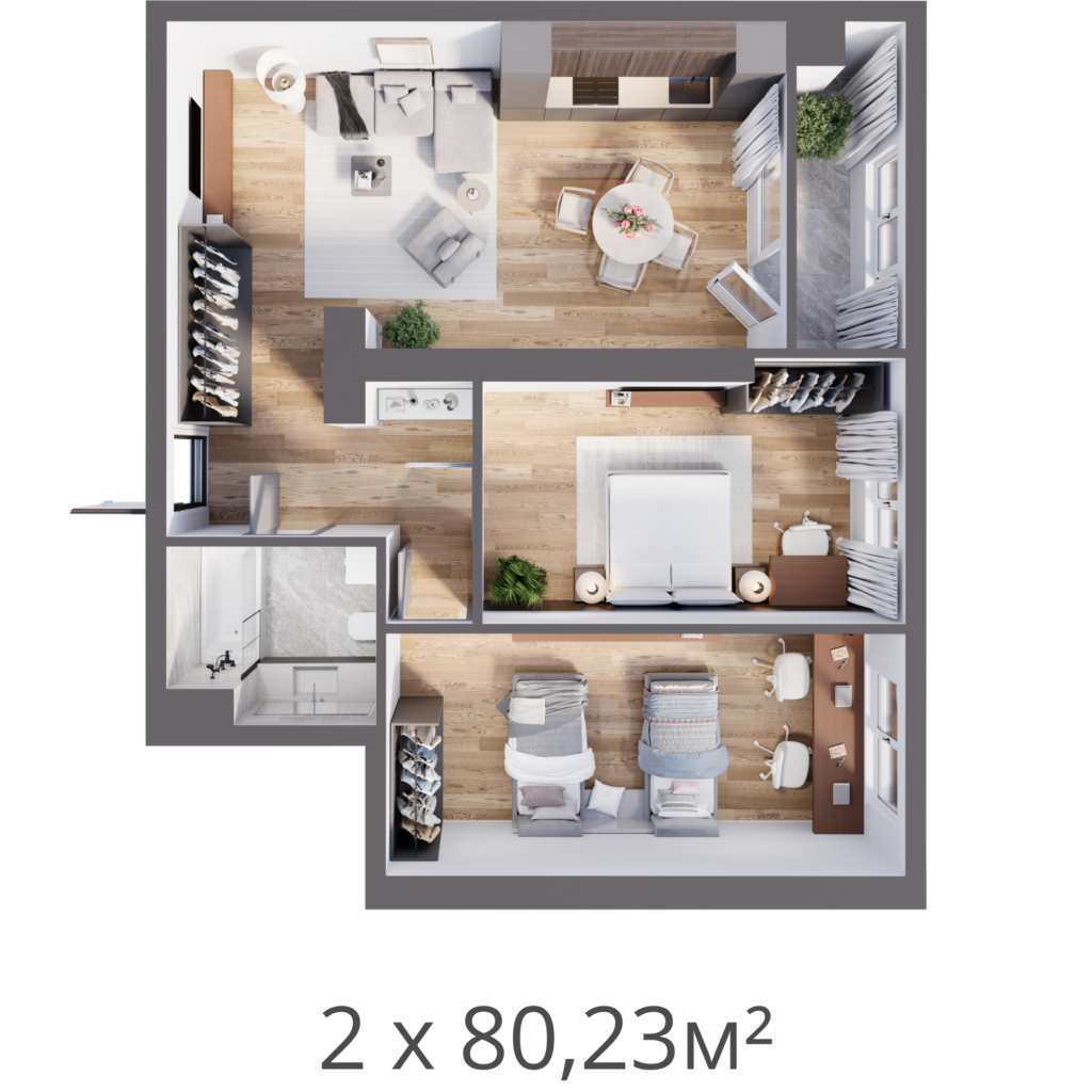 2 комнатная квартира - 80,23 м²
