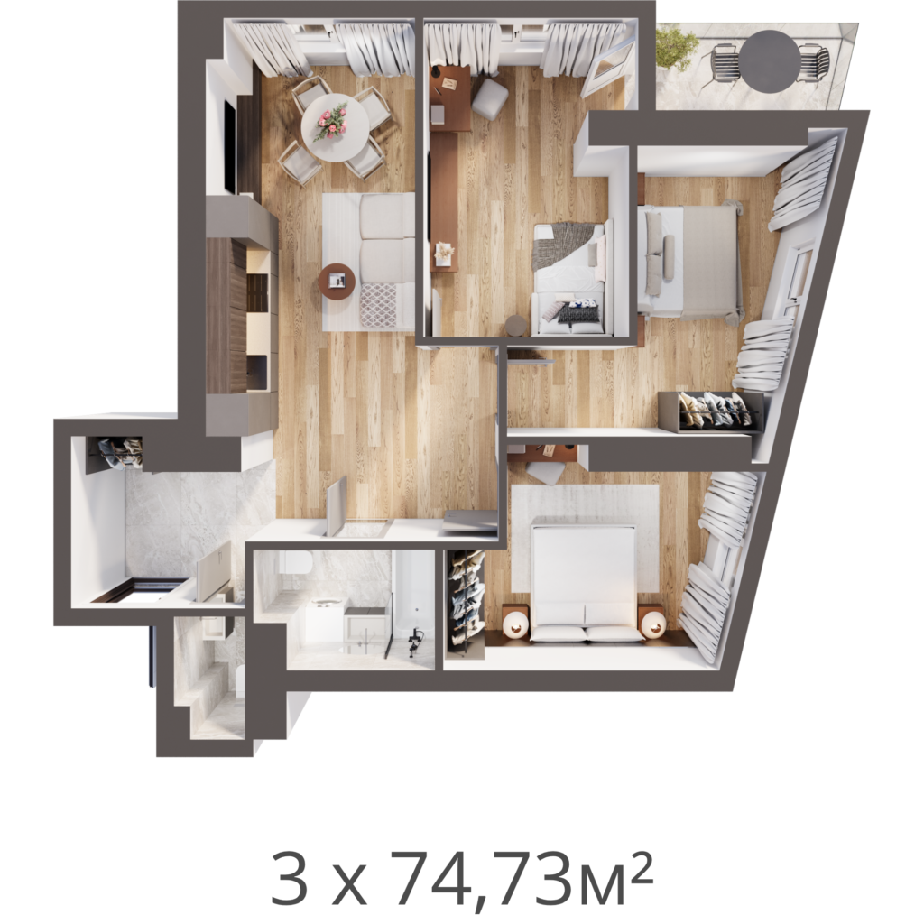 3 комнатная квартира - 74,73м²