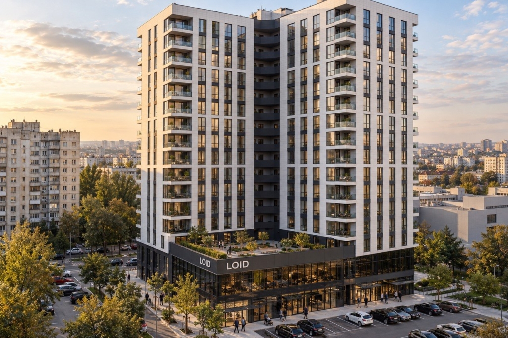 Modern two-tower residential building with a glass storefront base and balconies; LOID signage on the ground level.